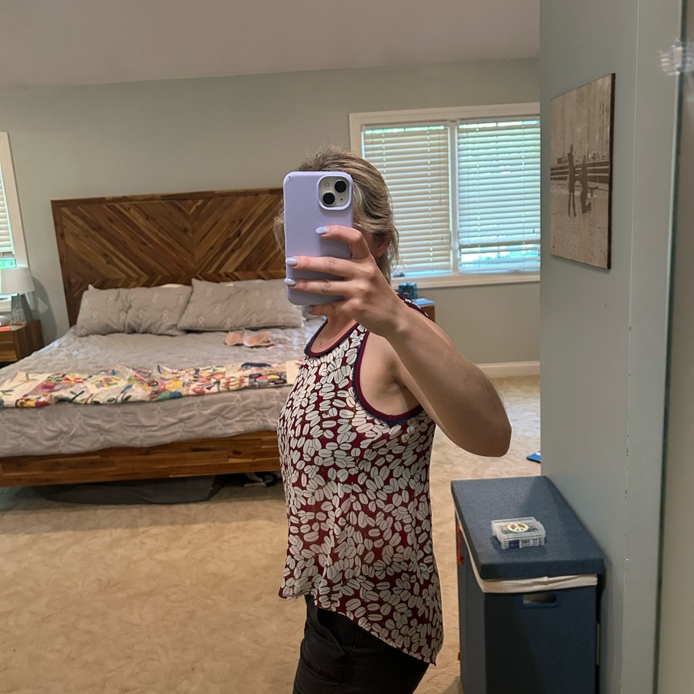 See-through silk sleeveless blouse, coffee bean print, small, worn a few times